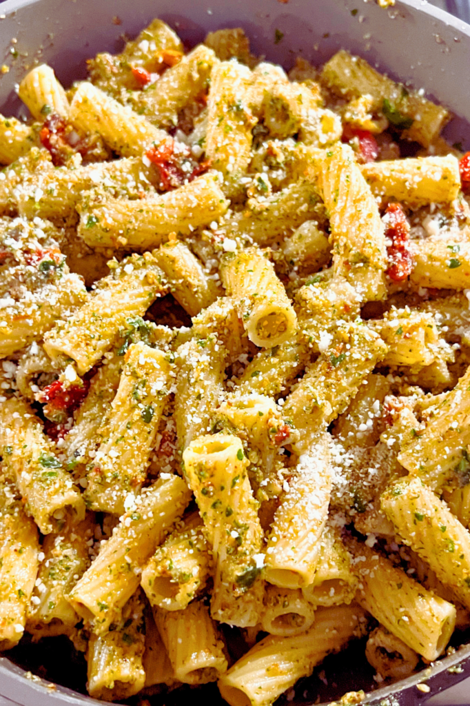 Arugula Pesto Pasta with Toasted Walnuts