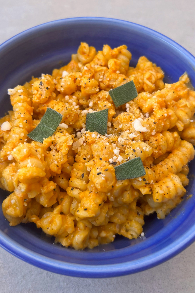 Vegan Pumpkin Sage Cream Sauce Pasta in Bowl